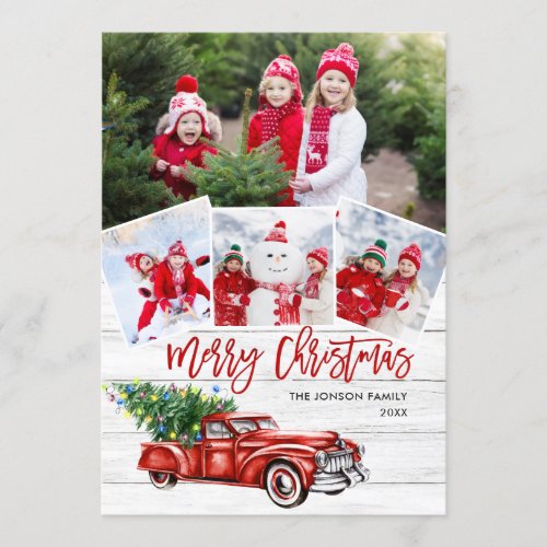 Retro Classic Merry Christmas Red Truck 4 PHOTO Holiday Card