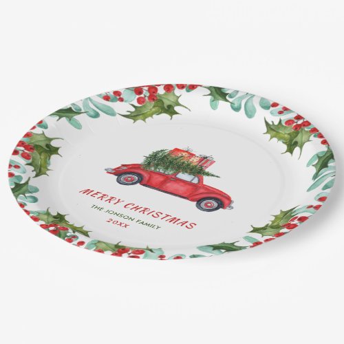 Retro Classic Merry Christmas Red Truck Paper Plates