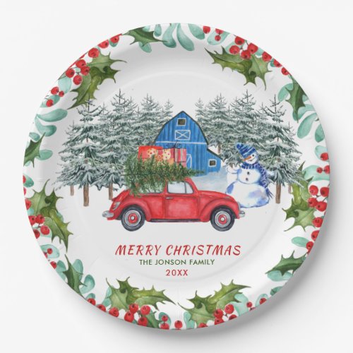 Retro Classic Merry Christmas Red Truck Paper Plates