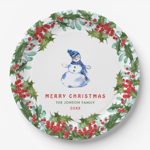 Retro Classic Merry Christmas Wreath  Snowman Paper Plates