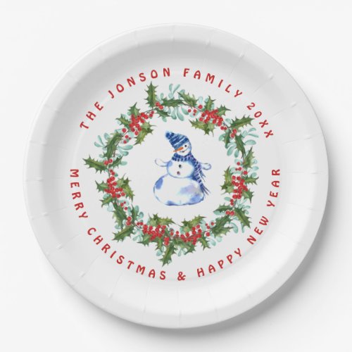 Retro Classic Merry Christmas Wreath  Snowman Paper Plates