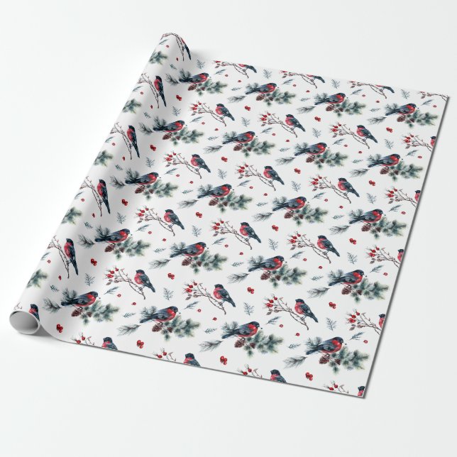 RETRO Classic Pine Cone Branch Christmas Birds Wrapping Paper (Unrolled)