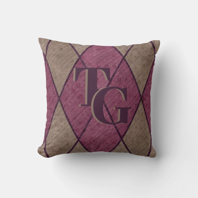 Retro Classic Purple Diamond Argyle Monogram Throw Pillow (Front)