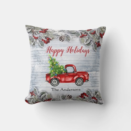 Retro Classic Rustic  Christmas Red Farm Truck Throw Pillow