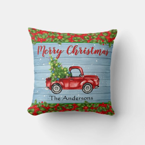 Retro Classic Rustic  Christmas Red Farm Truck Throw Pillow