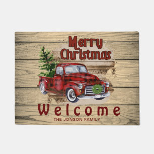 Retro Classic Rustic Christmas Red Truck Holiday Doormat