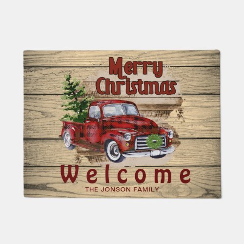 Retro Classic Rustic Christmas Red Truck Holiday Doormat