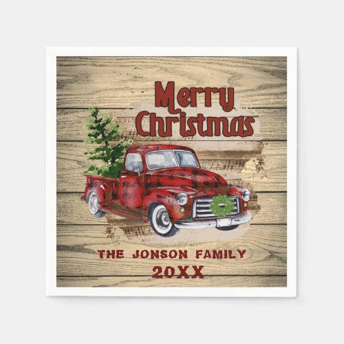 Retro Classic Rustic  Christmas Red Truck Holiday Napkins