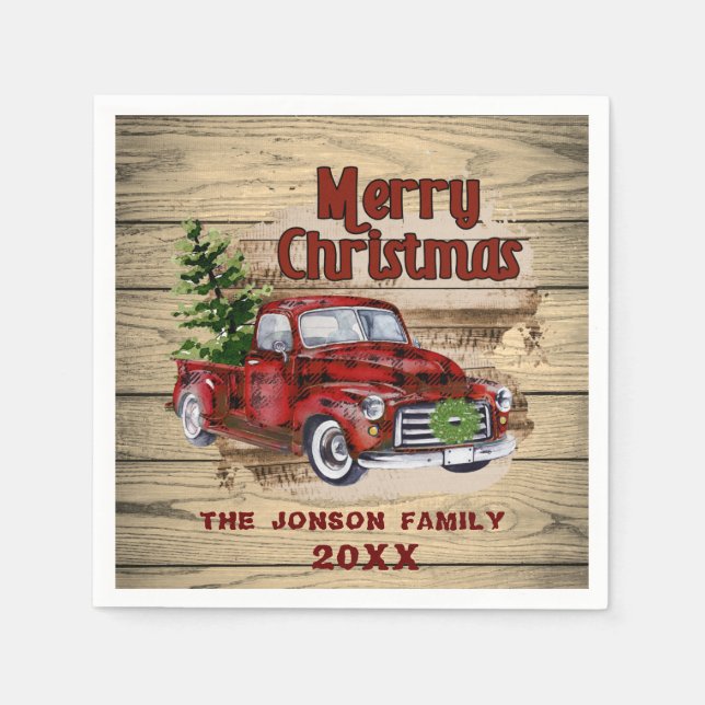 Retro Classic Rustic  Christmas Red Truck Holiday Napkins (Front)