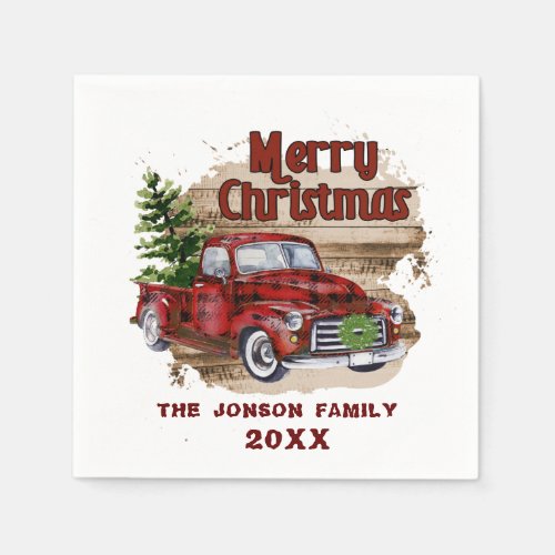 Retro Classic Rustic  Christmas Red Truck Holiday Napkins