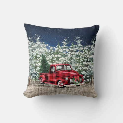 Retro Classic Rustic Forest Christmas Red Truck Throw Pillow