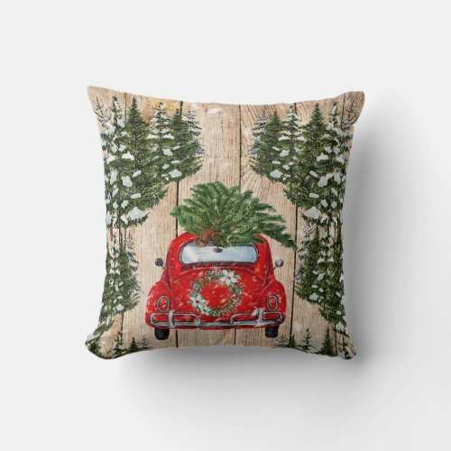 Retro Classic Rustic Forest Christmas Red Truck Throw Pillow