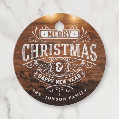 Retro Classic Rustic Merry Christmas Holiday Round Favor Tags