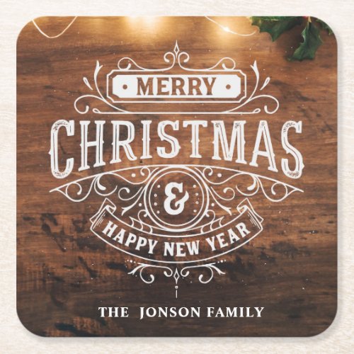 Retro Classic Rustic Merry Christmas Holiday Square Paper Coaster