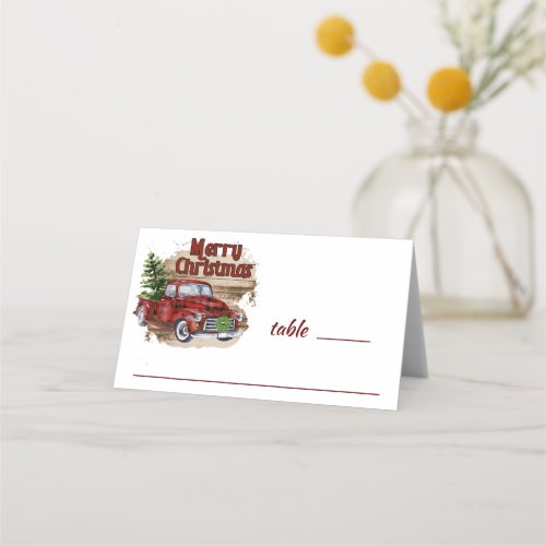 Retro Classic Rustic Merry Christmas Red Truck Place Card