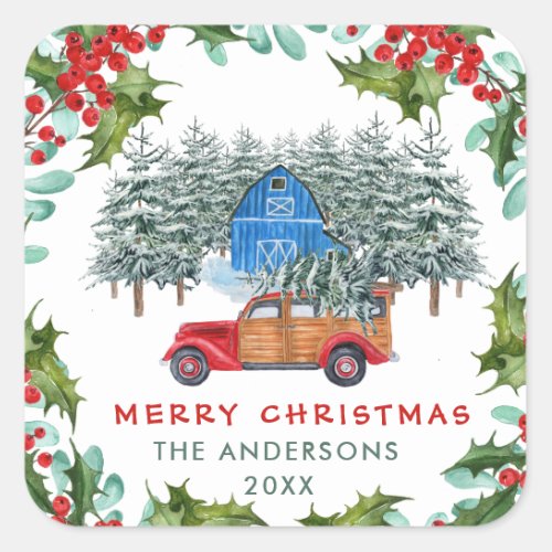 Retro Classic Rustic  Merry Christmas Red Truck Square Sticker