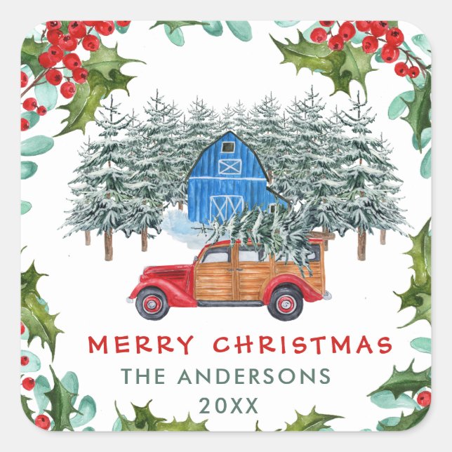 Retro Classic Rustic  Merry Christmas Red Truck Square Sticker (Front)