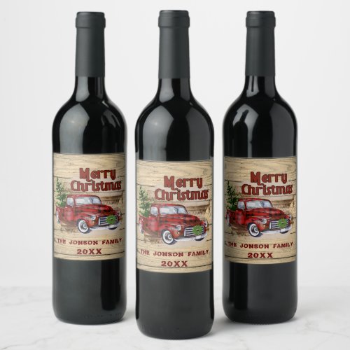 Retro Classic Rustic Merry Christmas Red Truck Wine Label