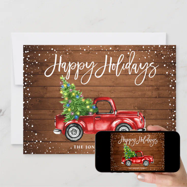 Retro Classic Rustic Red Truck Christmas Greeting Holiday Card | Zazzle