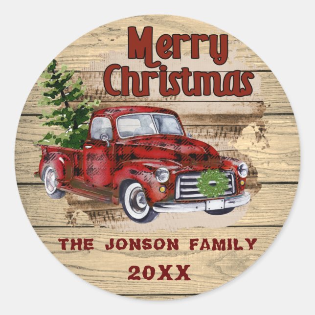 Retro Classic Rustic Wood Merry Christmas Truck Classic Round Sticker (Front)