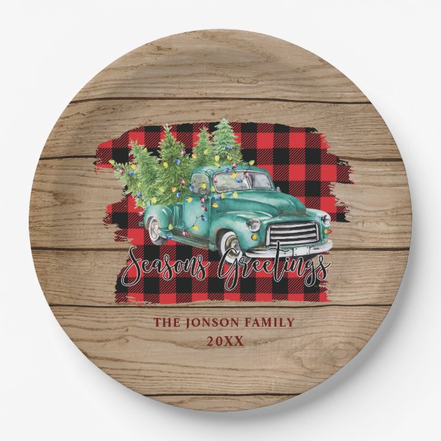 Retro Classic Rustic Wood Merry Christmas Truck Paper Plates (Front)