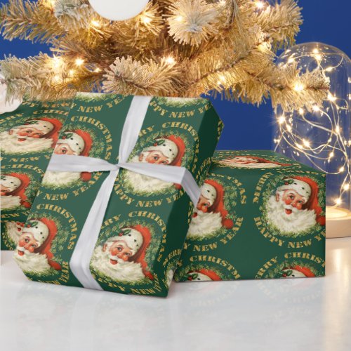 Retro Classic Santa and Wreath Gold Wrapping Paper
