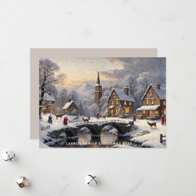 Retro Classic Snowy Winter Wonderland Personalized Holiday Card (Front/Back In Situ)