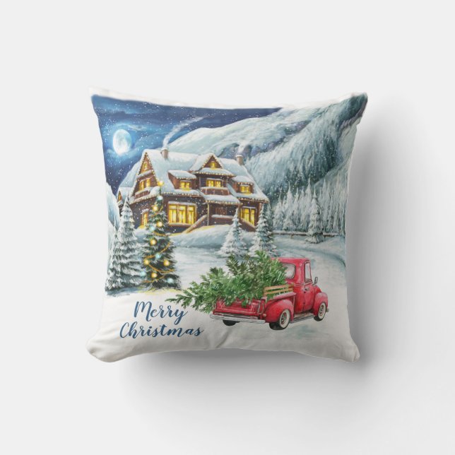 Retro Classic Watercolor Winter Forest Landscape Throw Pillow (Front)