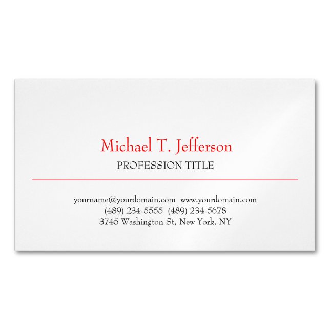 Retro Classical Elegant Plain Simple Red White Business Card Magnet (Front)