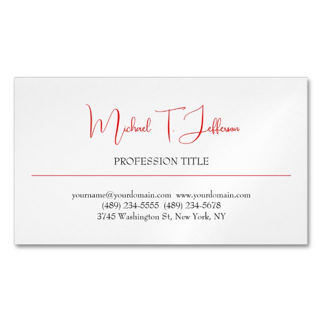 Retro Classical Elegant Plain Simple Red White Business Card Magnet (Front)