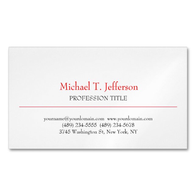 Retro Classical Elegant Plain Simple Red White Business Card Magnet (Front)
