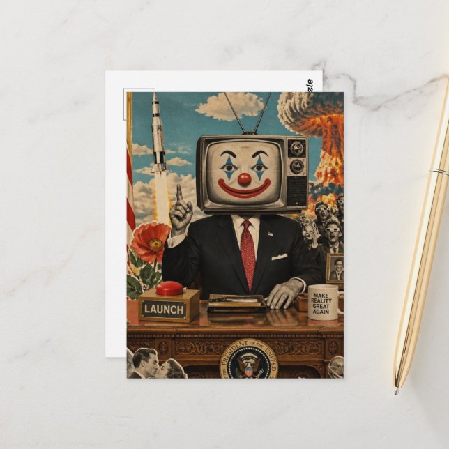 Retro Clown at the Desk Surreal Collage Postcard (Front/Back In Situ)