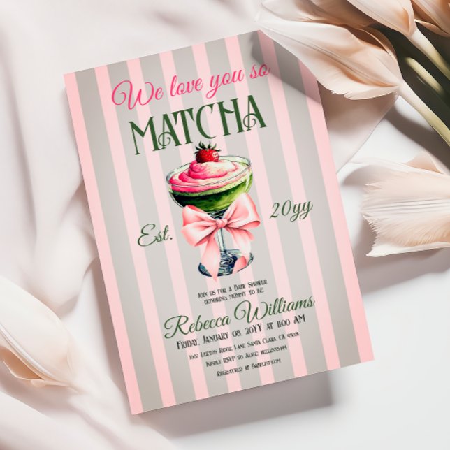 Retro Club Pink Bow Love You Matcha Baby Shower Invitation (Creator Uploaded)