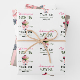 Retro Club Pink Bow Love You Matcha Baby Shower Wrapping Paper Sheets