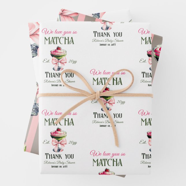 Retro Club Pink Bow Love You Matcha Baby Shower Wrapping Paper Sheets (In situ)