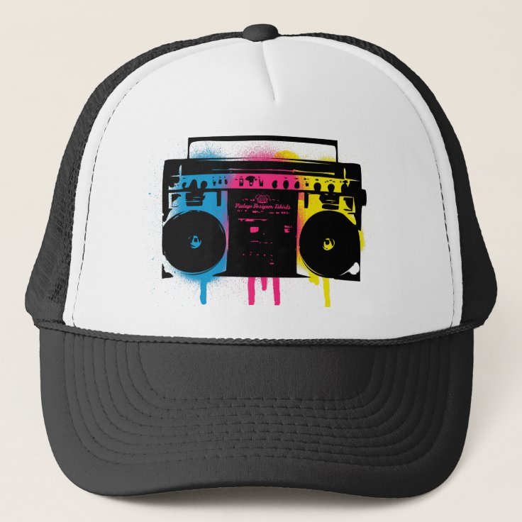 Retro CMYK Boombox Grafitti Spray Paint Design Trucker Hat Zazzle