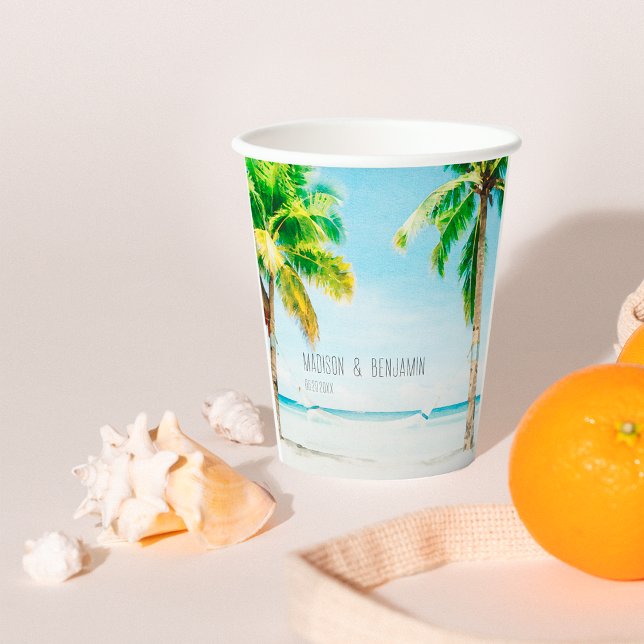Retro Coastal Beach Palm Trees Tropical Wedding Paper Cups (Creator Uploaded)
