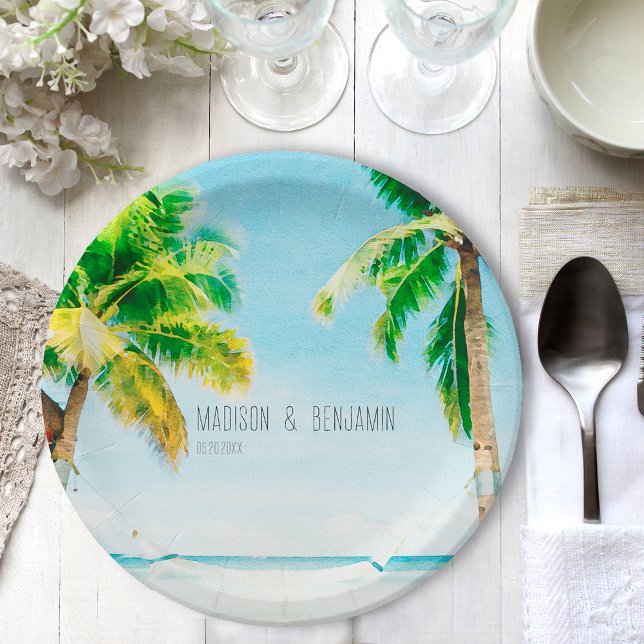 Retro Coastal Beach Palm Trees Tropical Wedding Paper Plates (Creator Uploaded)
