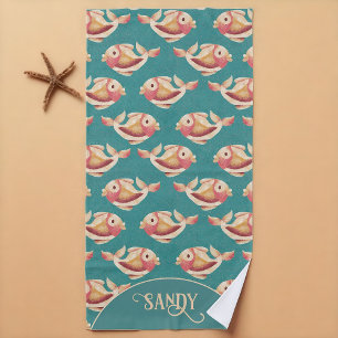 Retro Coastal Goldfish Pattern Beach Towel