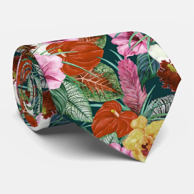 Retro Coastal Paradise Blooms Neck Tie (Rolled)