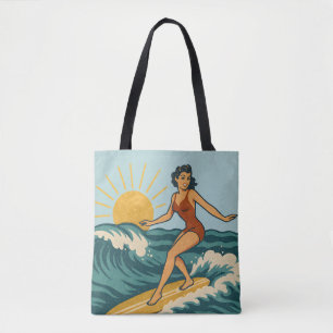 Retro Coastal Pin-Up Surfer Art Blue Surf Beach Tote Bag