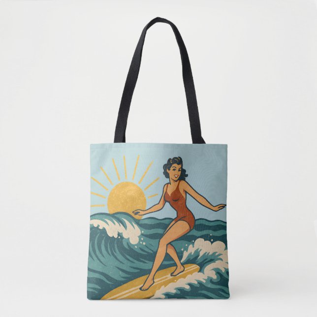 Retro Coastal Pin-Up Surfer Art | Blue Surf Beach Tote Bag (Front)