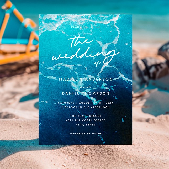 Retro Coastal Summer Navy Blue Ocean Sea Wedding Invitation (Creator Uploaded)