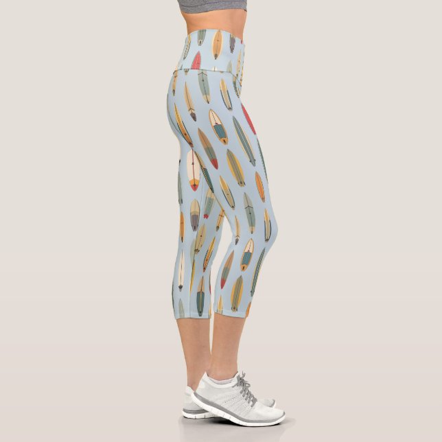 Retro Coastal Surfer -Blue Surfboard Print Surfing Capri Leggings (Right)