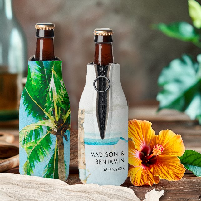 Retro Coastal Tropical Beach Wedding Personalized Bottle Cooler (Creator Uploaded)