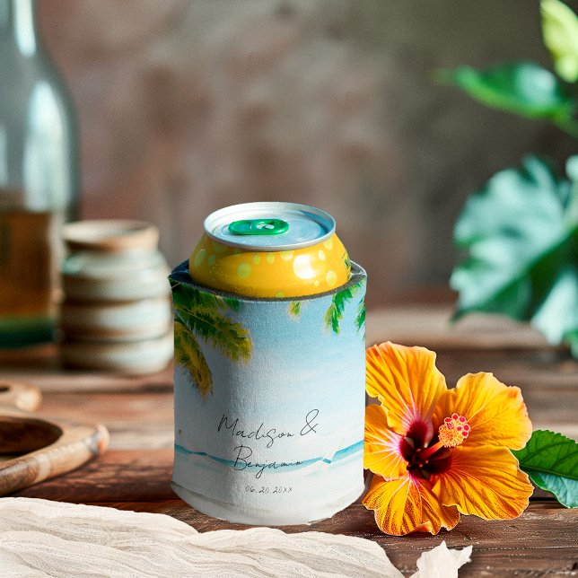 Retro Coastal Tropical Beach Wedding Personalized Can Cooler (Creator Uploaded)