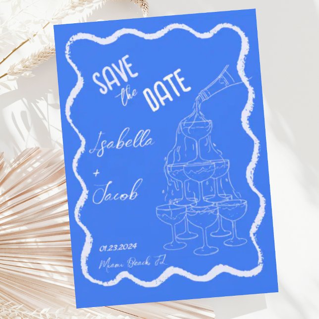 Retro Cobalt Blue Champagne Tower Save the Date Invitation (Creator Uploaded)