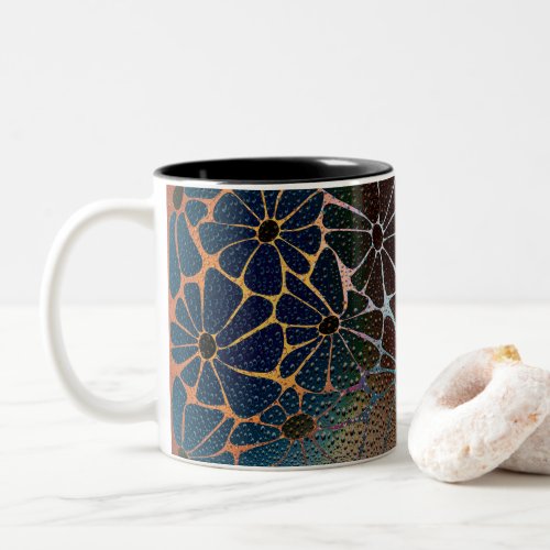 Retro Cobalt_Teal Rainy Flowers Two_Tone Coffee Mug