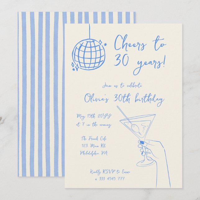 Retro Cocktail Birthday Party striped invitation (Front/Back)