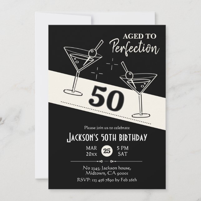 Retro cocktail black & white martini 50th Birthday Invitation (Front)